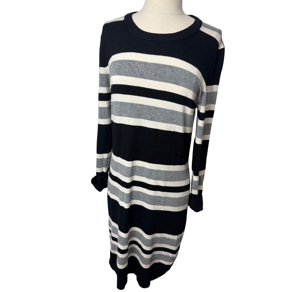 French Connection Striped Knit Sweater Dress Black Grey Cream Size 10 M